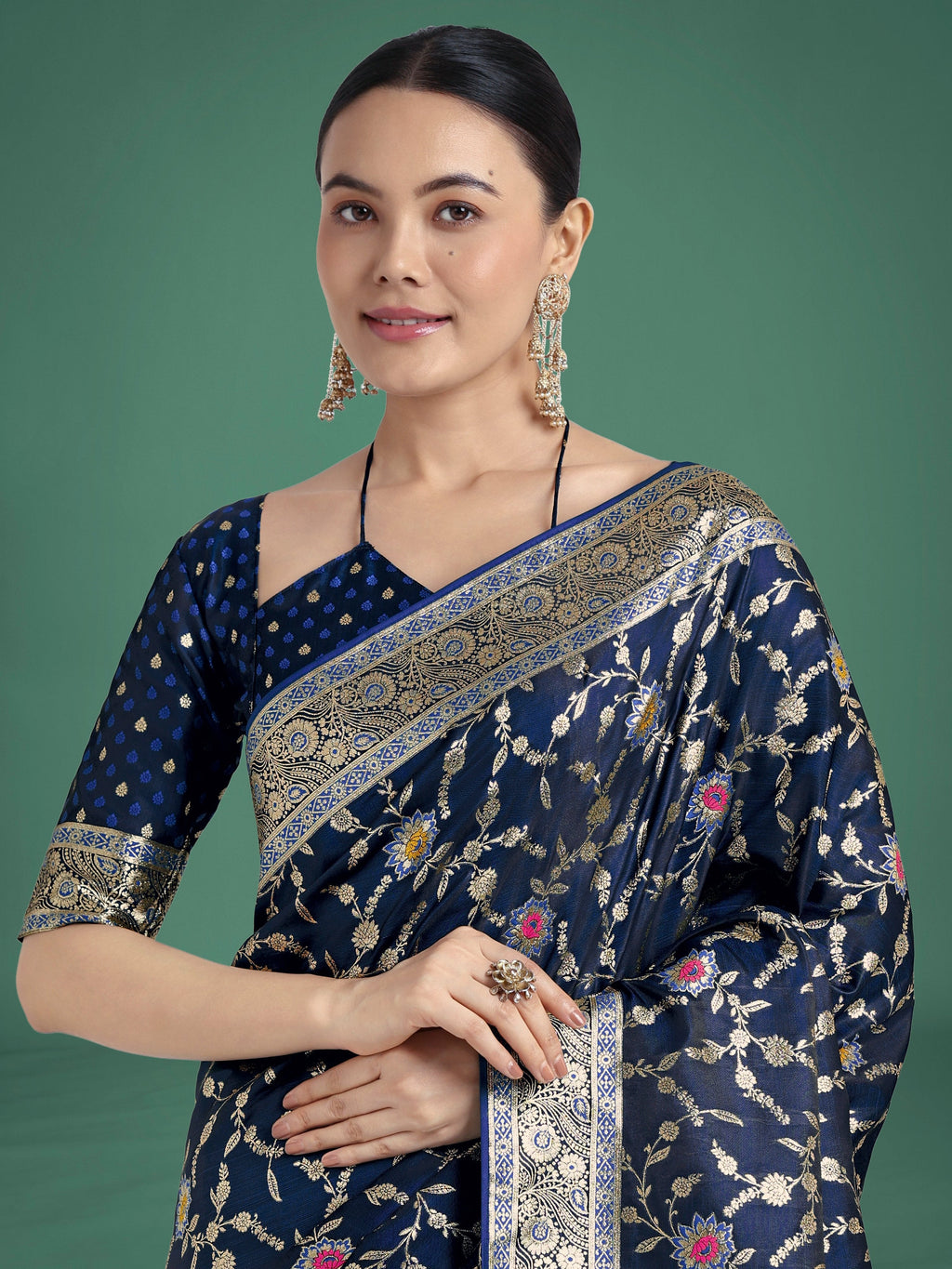 Dark Blue Banarasi Satin Silk Saree with Zari Woven Detail