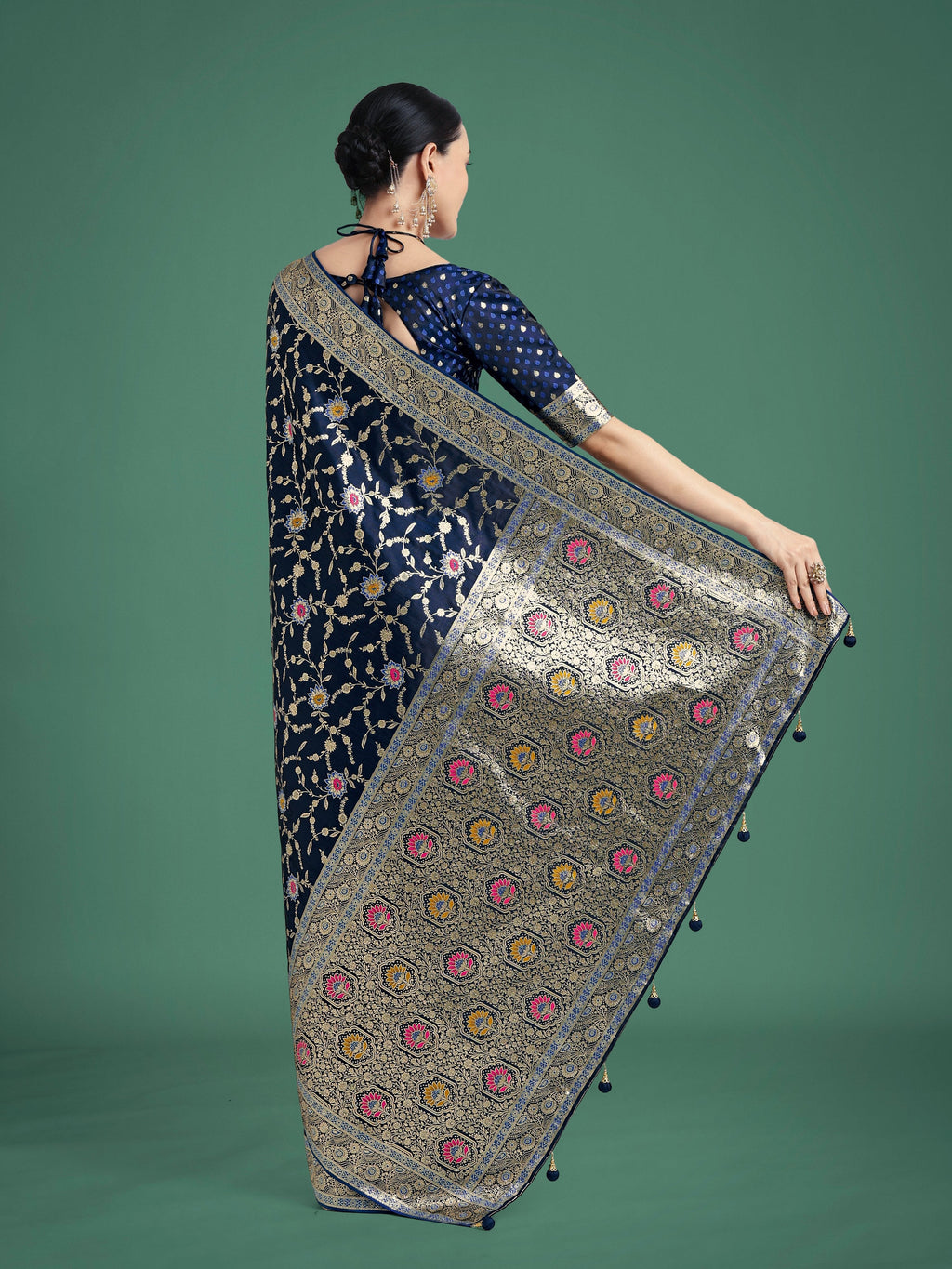 Dark Blue Banarasi Satin Silk Saree with Zari Woven Detail