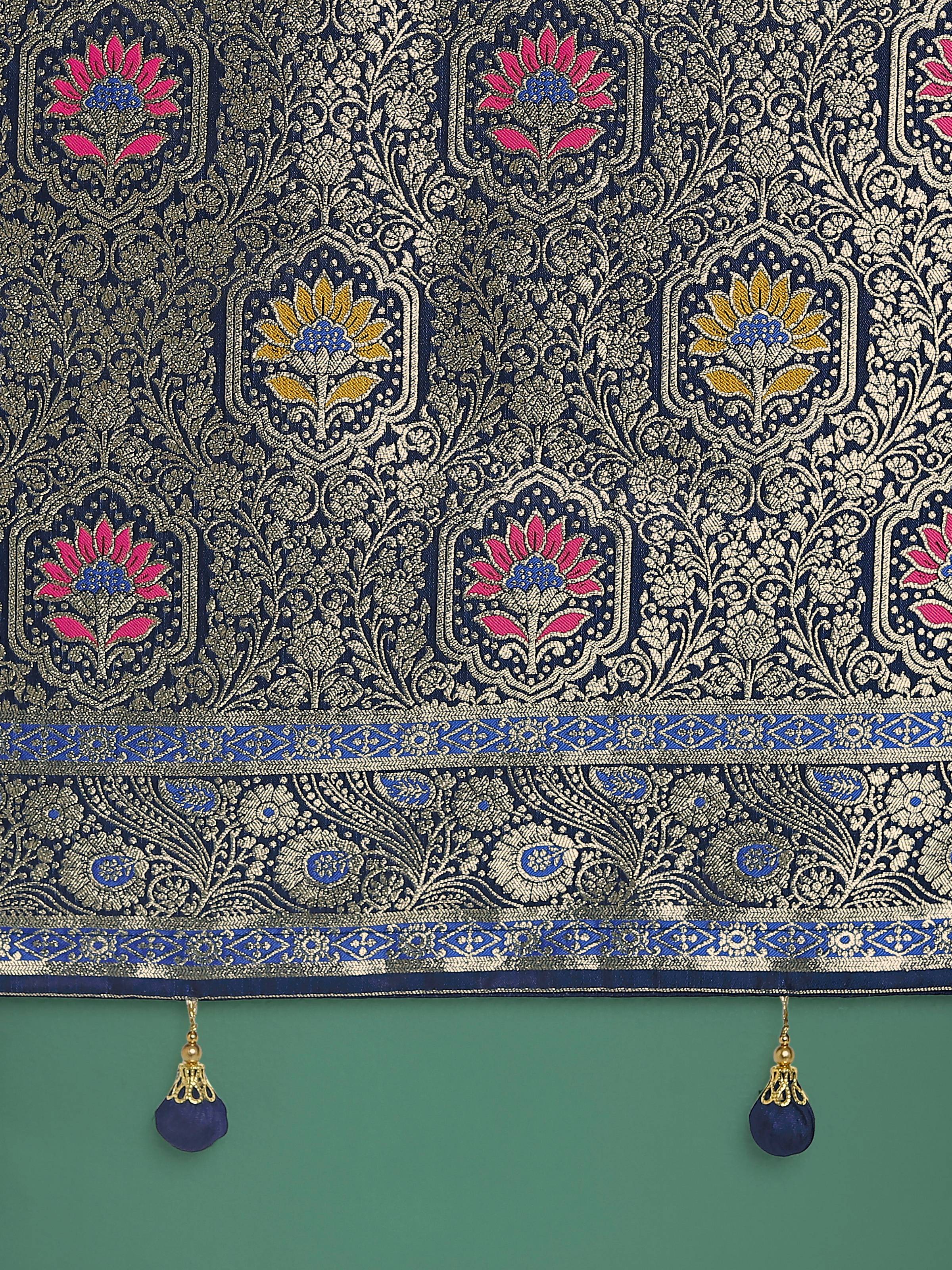 Dark Blue Banarasi Satin Silk Saree with Zari Woven Detail