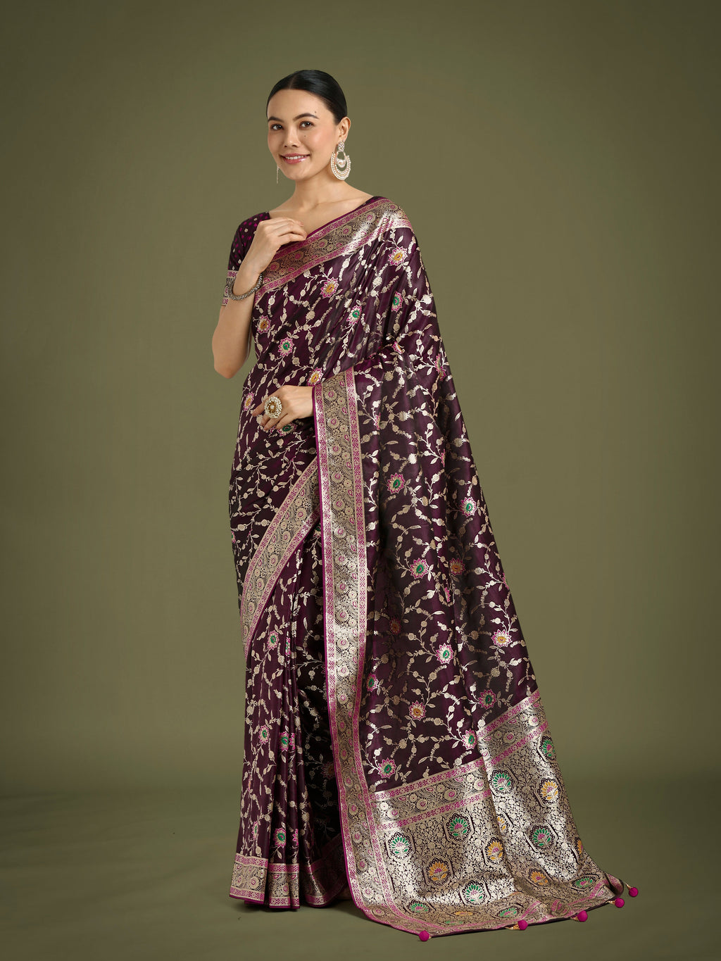 Wine colored Banarasi satin silk saree with detailed Zari weaving