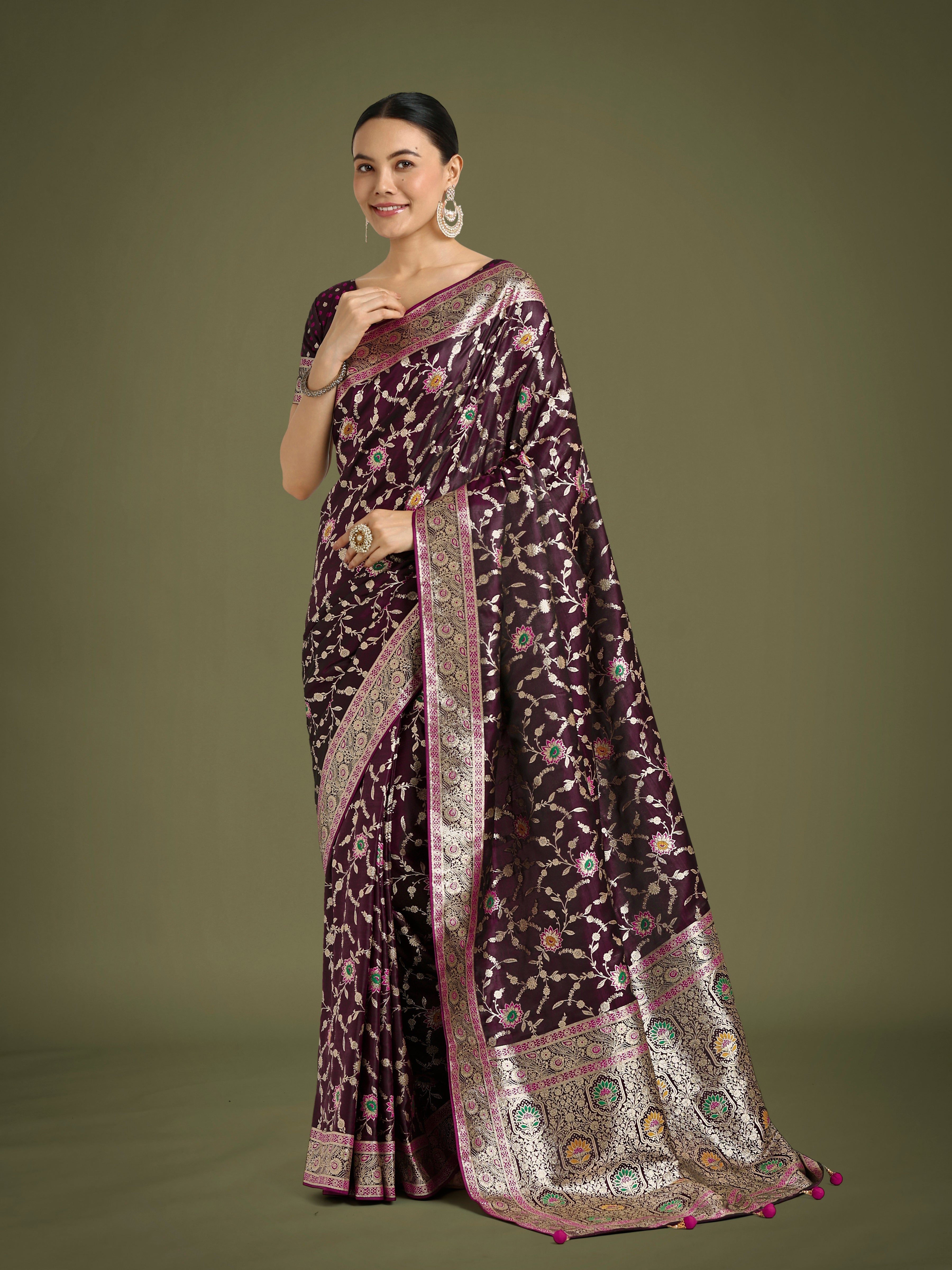 Wine colored Banarasi satin silk saree with detailed Zari weaving
