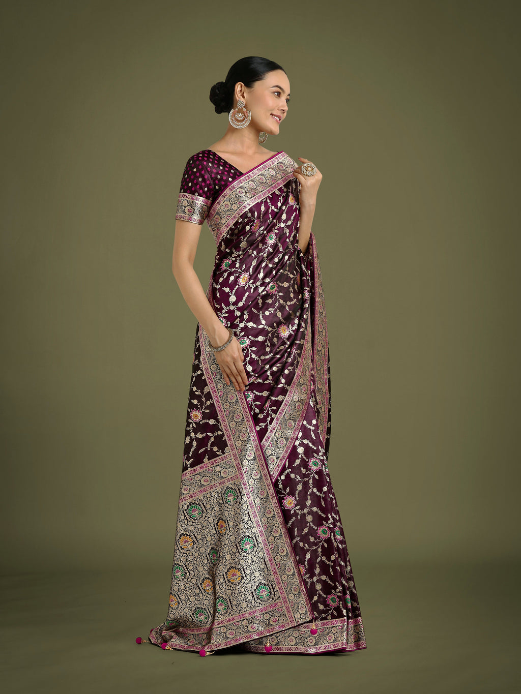 Wine Banarasi Satin Silk Saree with Classic Zari Weaving