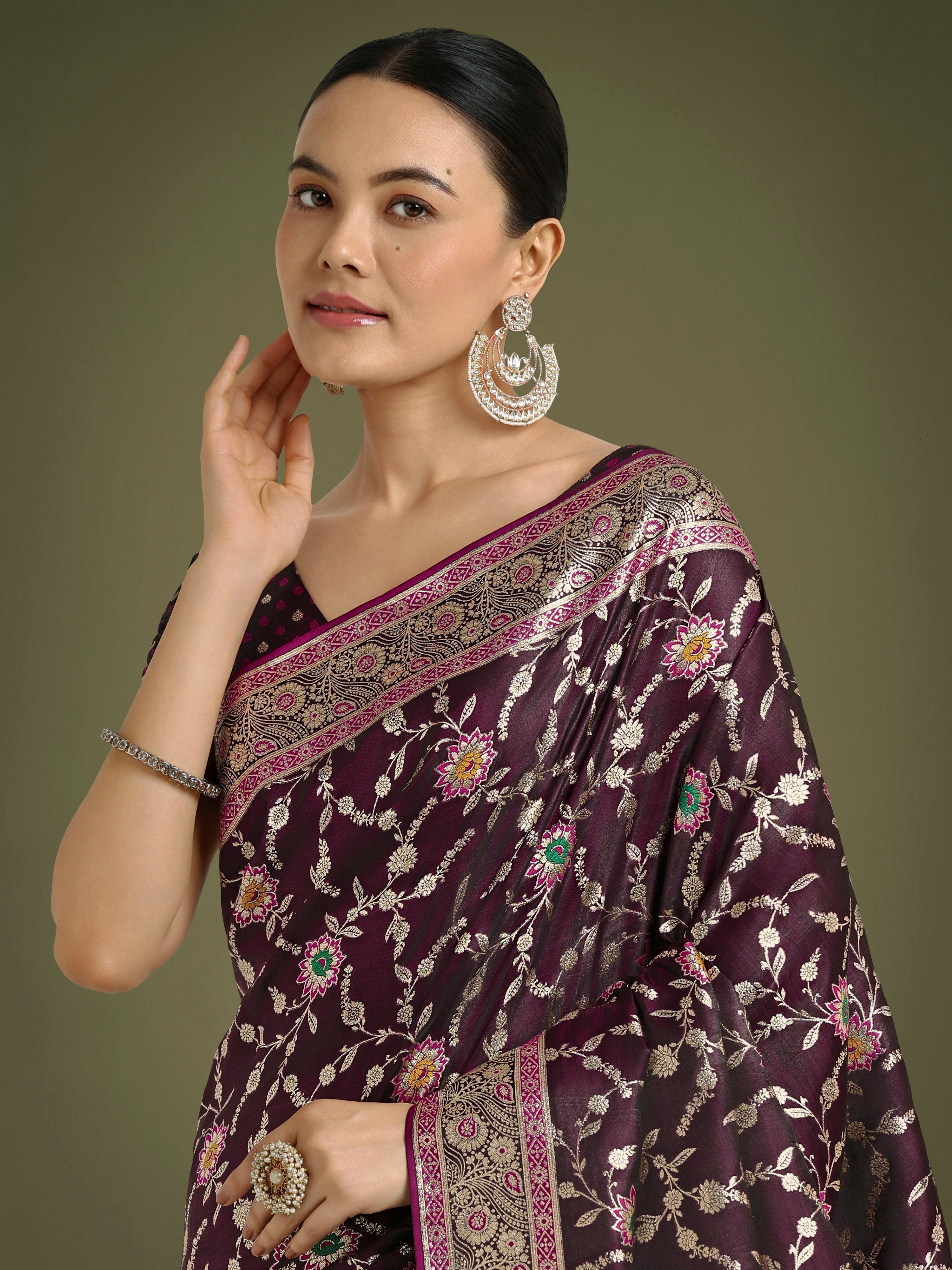 Wine Banarasi Satin Silk Saree with Classic Zari Weaving