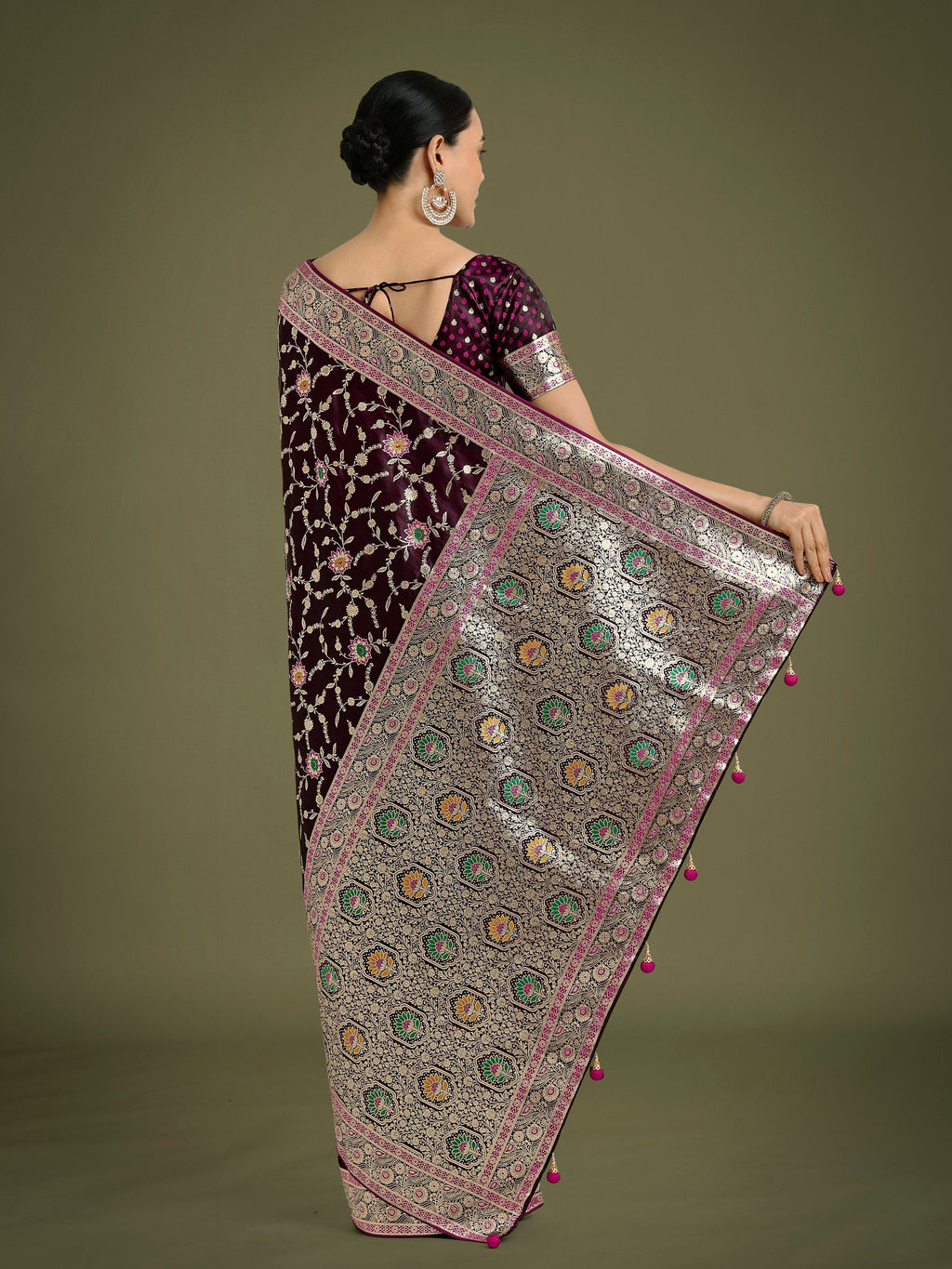 Wine Banarasi Satin Silk Saree with Classic Zari Weaving