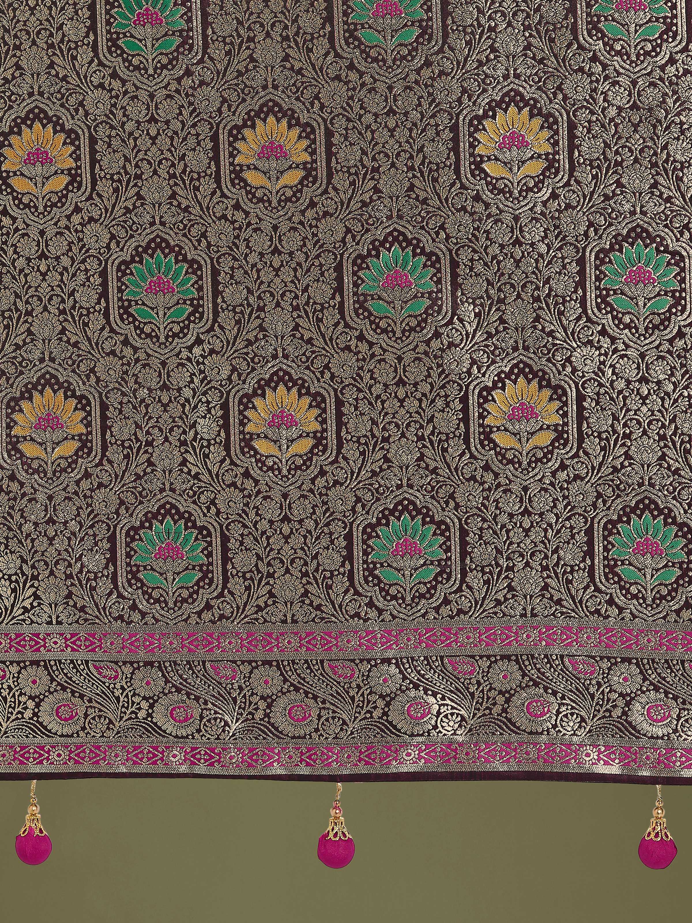 Wine Banarasi Satin Silk Saree with Classic Zari Weaving