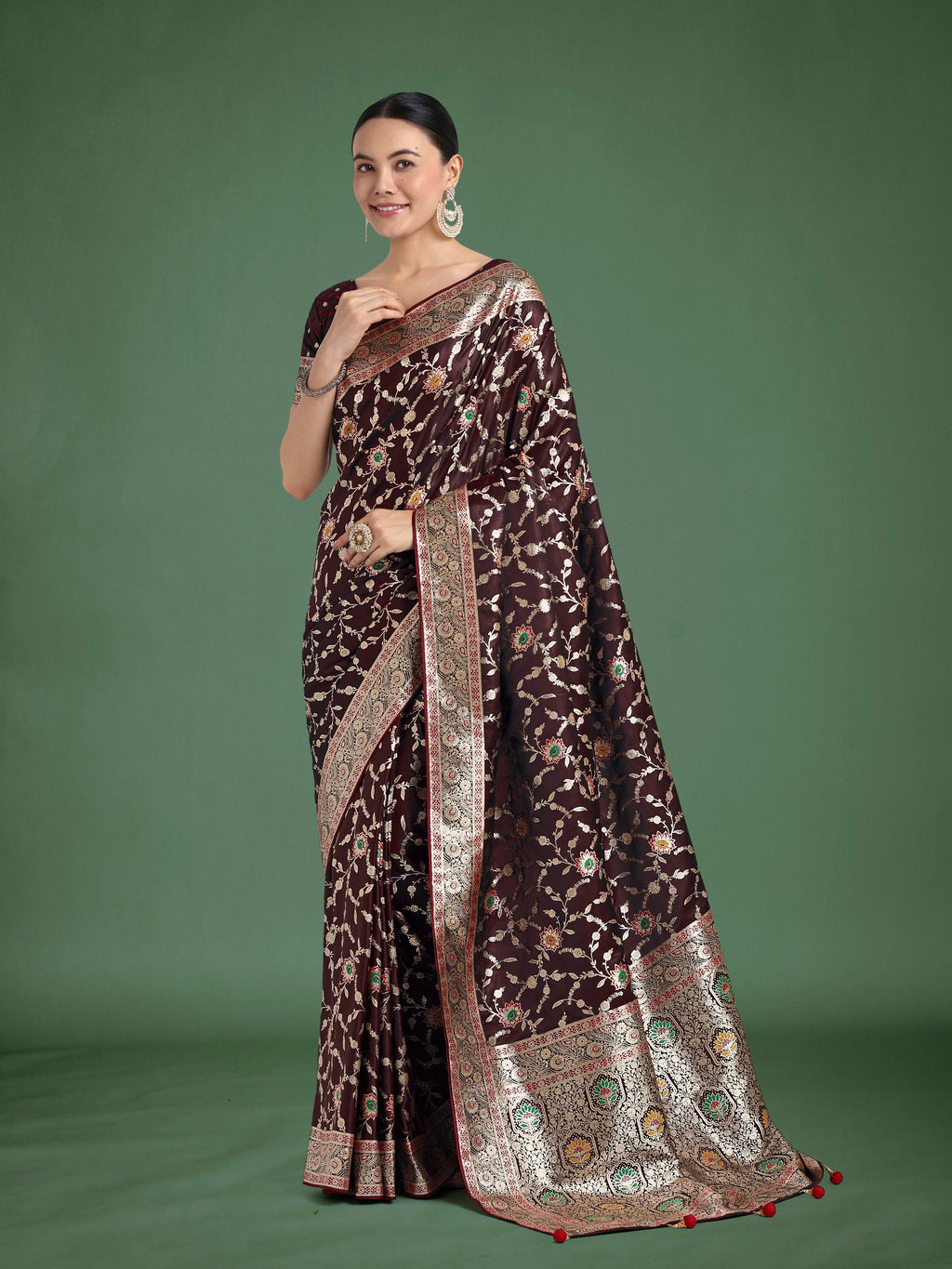 Maroon Banarasi Satin Silk saree with traditional Zari woven embroidery