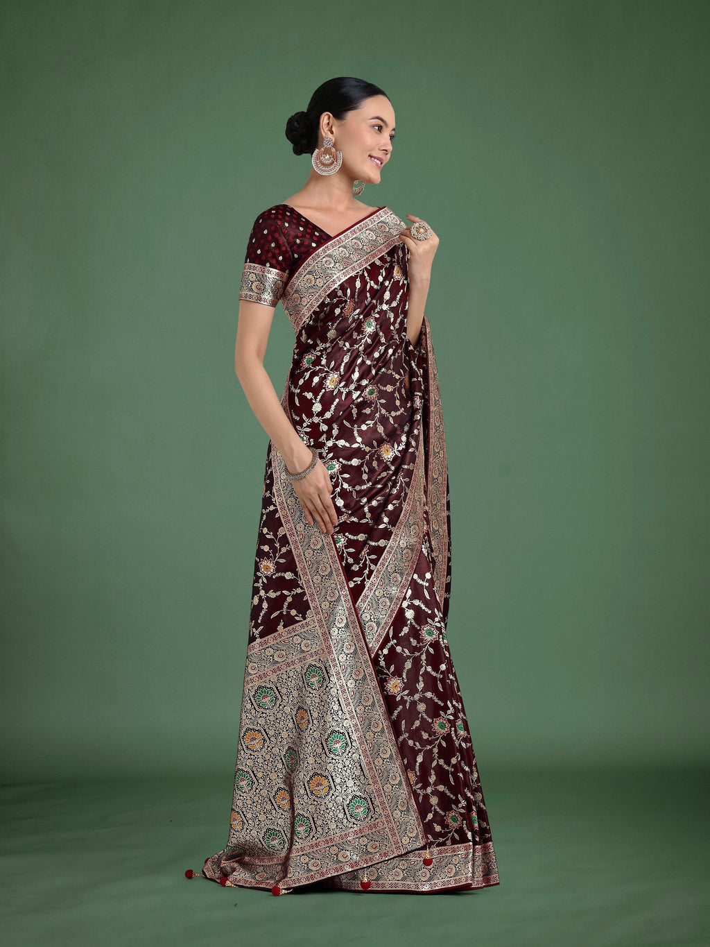 Maroon Banarasi Satin Silk Saree with Zari Woven Border