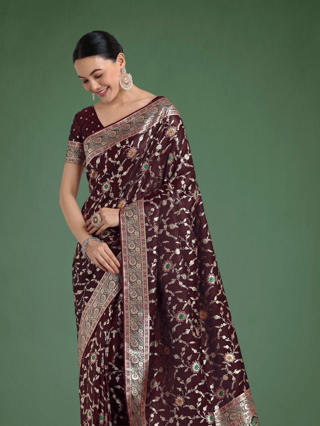 Maroon Banarasi Satin Silk Saree with Zari Woven Border