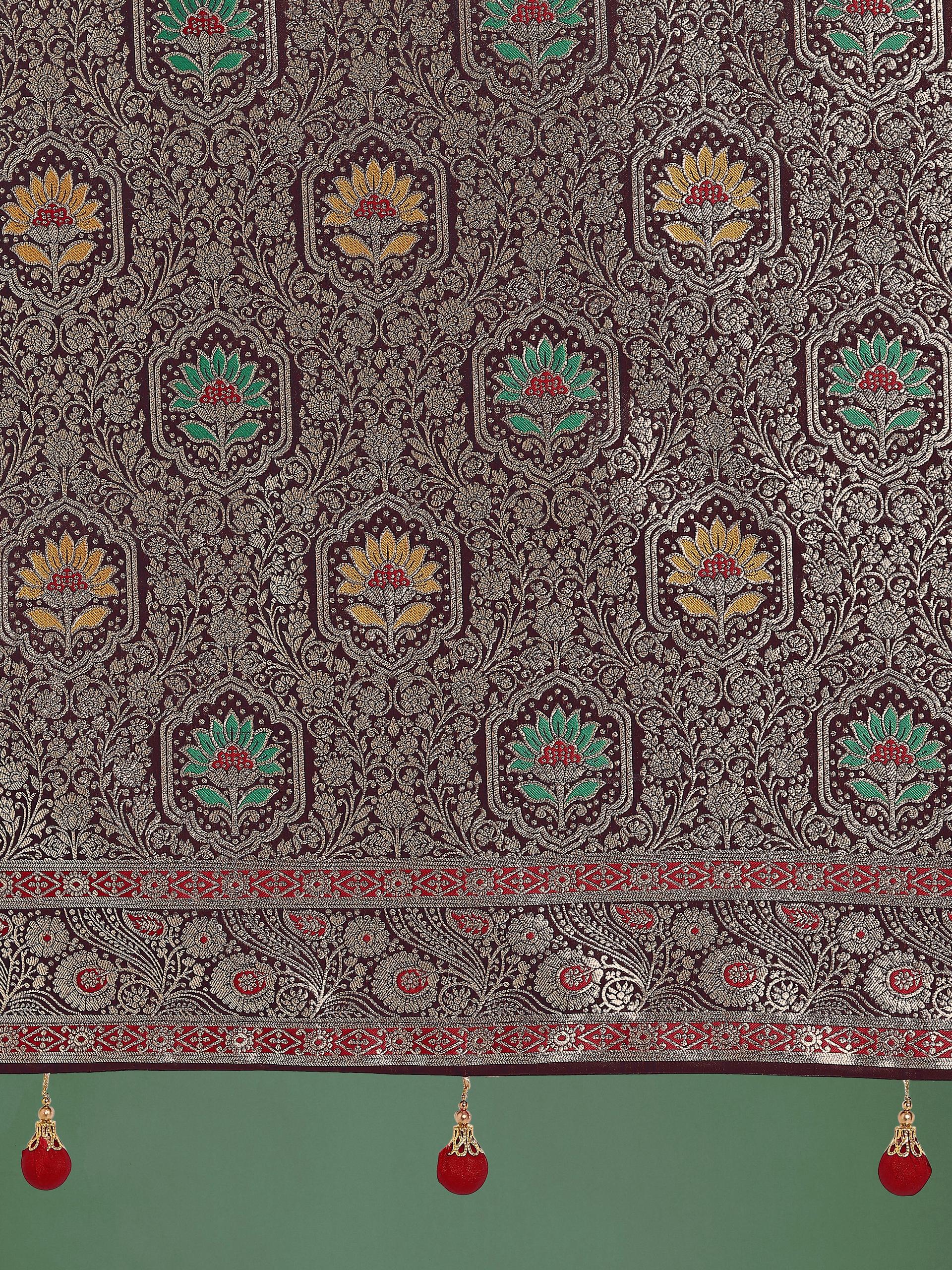Maroon Banarasi Satin Silk Saree with Zari Woven Border