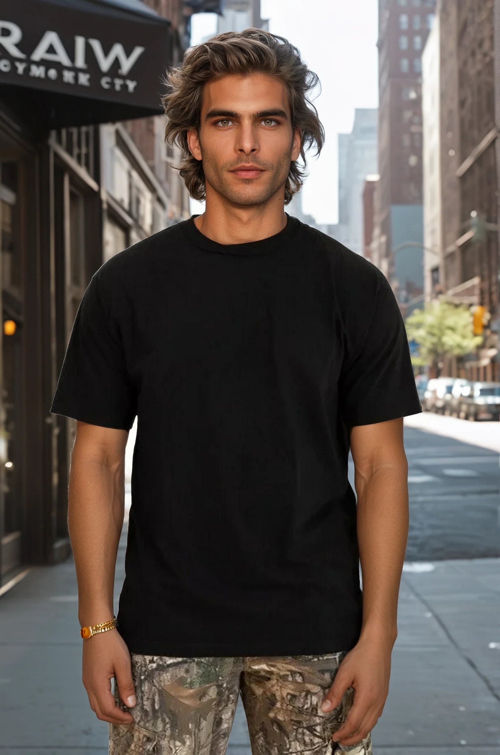 A man wearing a solid black heavy-duty cotton t-shirt with a classic crew neck.