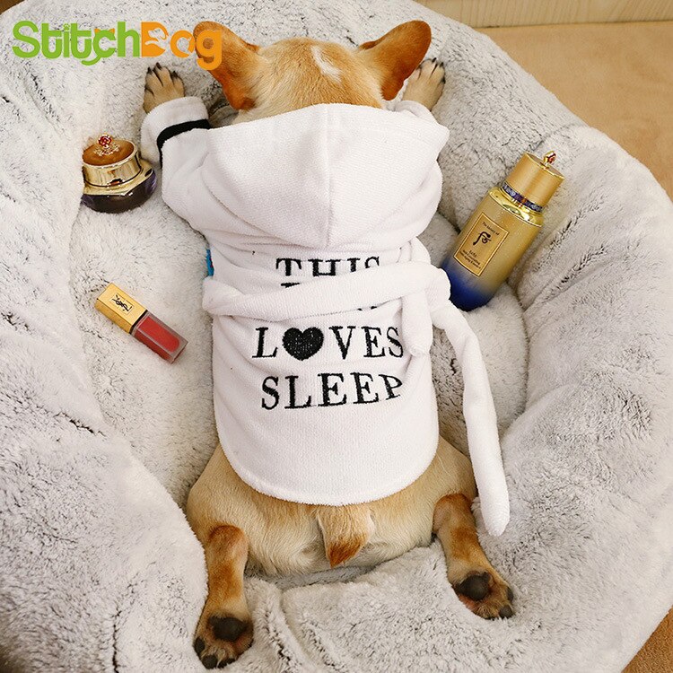 White Pet Bath Robe with Hood and Fun Lettering for Dogs - Image 2