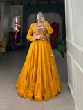 Mustard pure rayon lehenga choli with Gota Patti details and a matching koti jacket