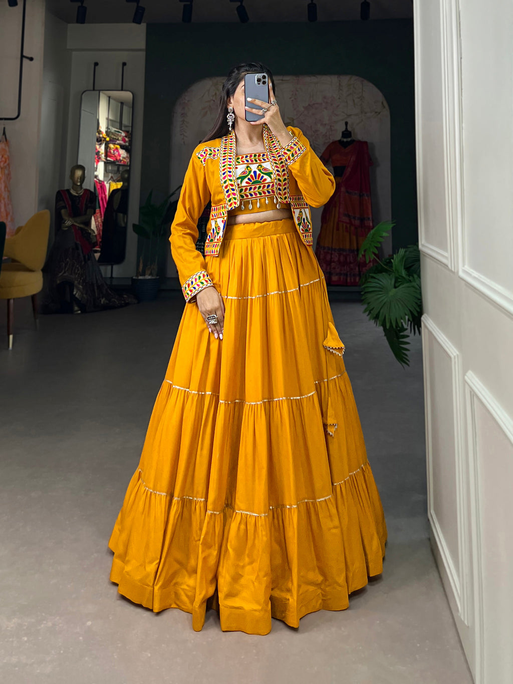 Mustard Pure Rayon Lehenga Choli with Gota Patti and Koti Jacket