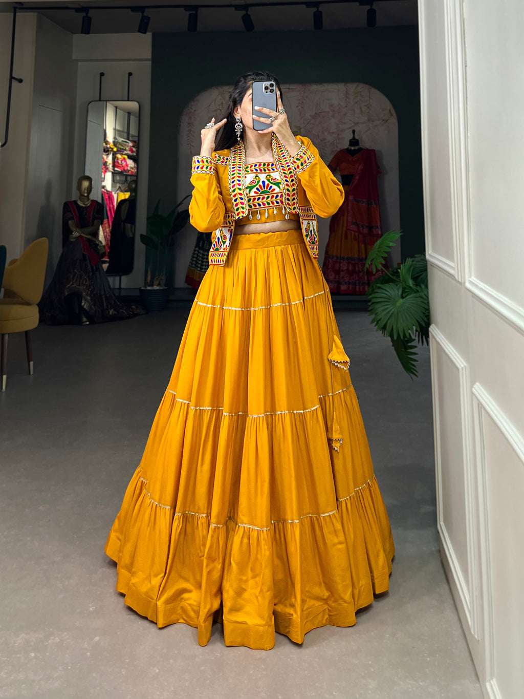 Mustard Pure Rayon Lehenga Choli with Gota Patti and Koti Jacket