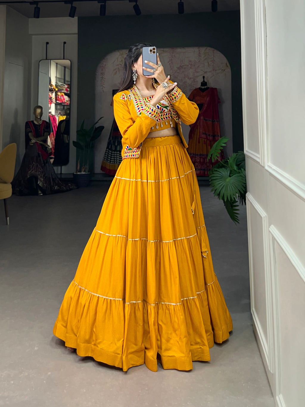 Mustard Pure Rayon Lehenga Choli with Gota Patti and Koti Jacket