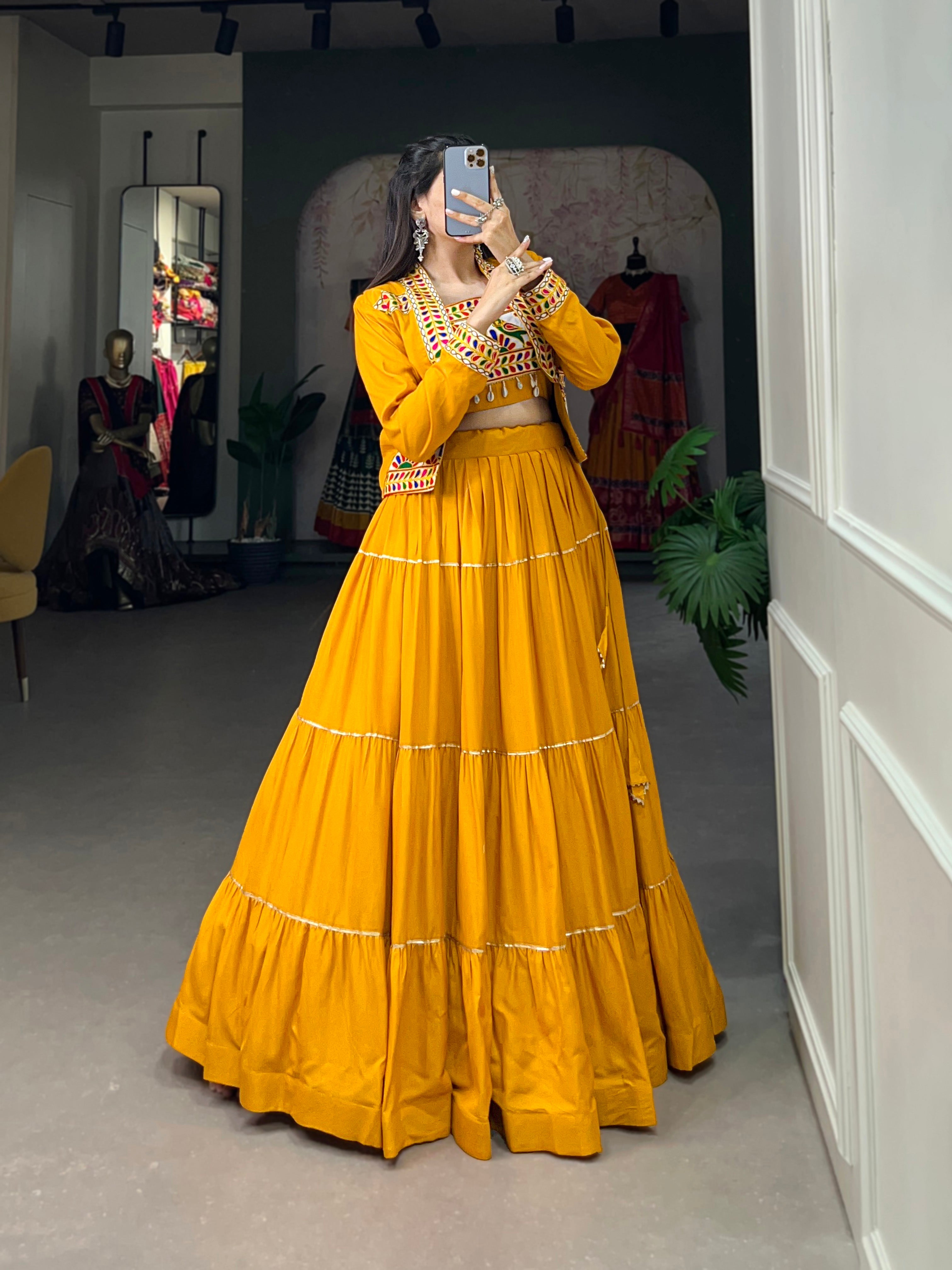Mustard Pure Rayon Lehenga Choli with Gota Patti and Koti Jacket