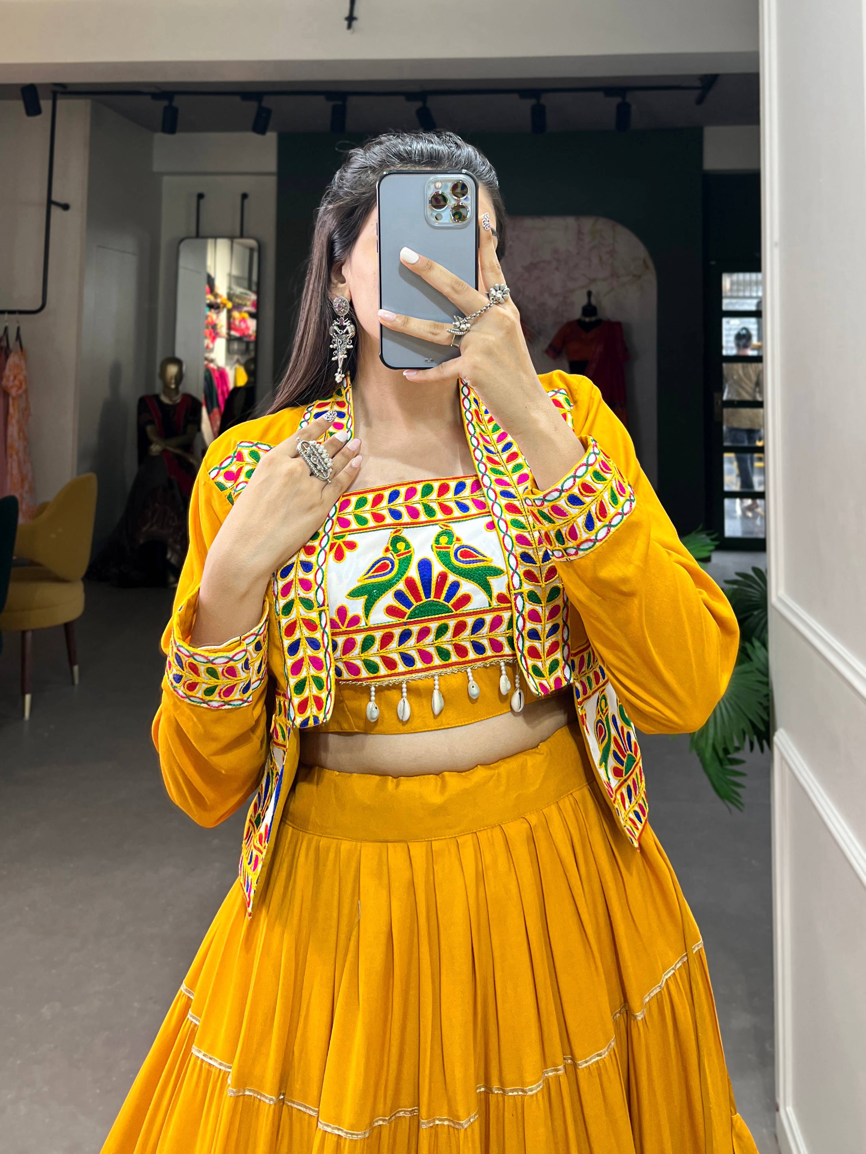 Mustard Pure Rayon Lehenga Choli with Gota Patti and Koti Jacket