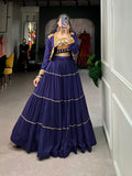 Navy blue pure rayon lehenga choli set featuring Gota Patti accents and matching koti for festive wear.