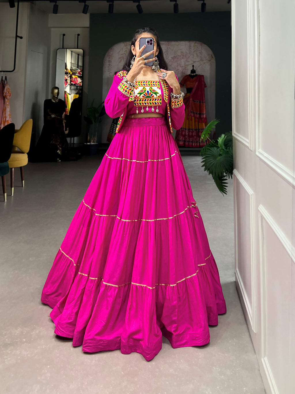 Pink Rayon Lehenga Choli Set with Gota Patti and Koti Jacket
