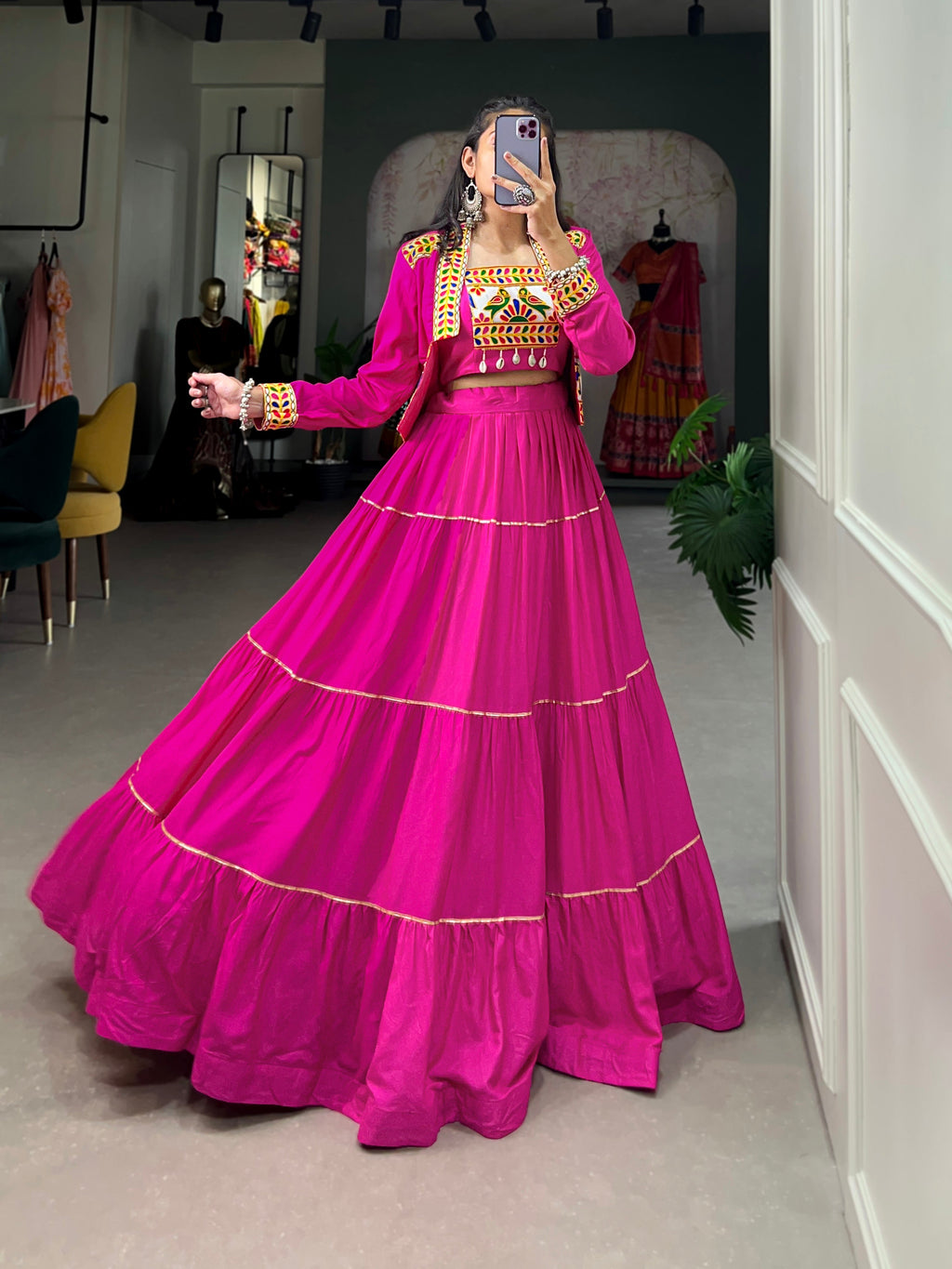 Pink Rayon Lehenga Choli Set with Gota Patti and Koti Jacket