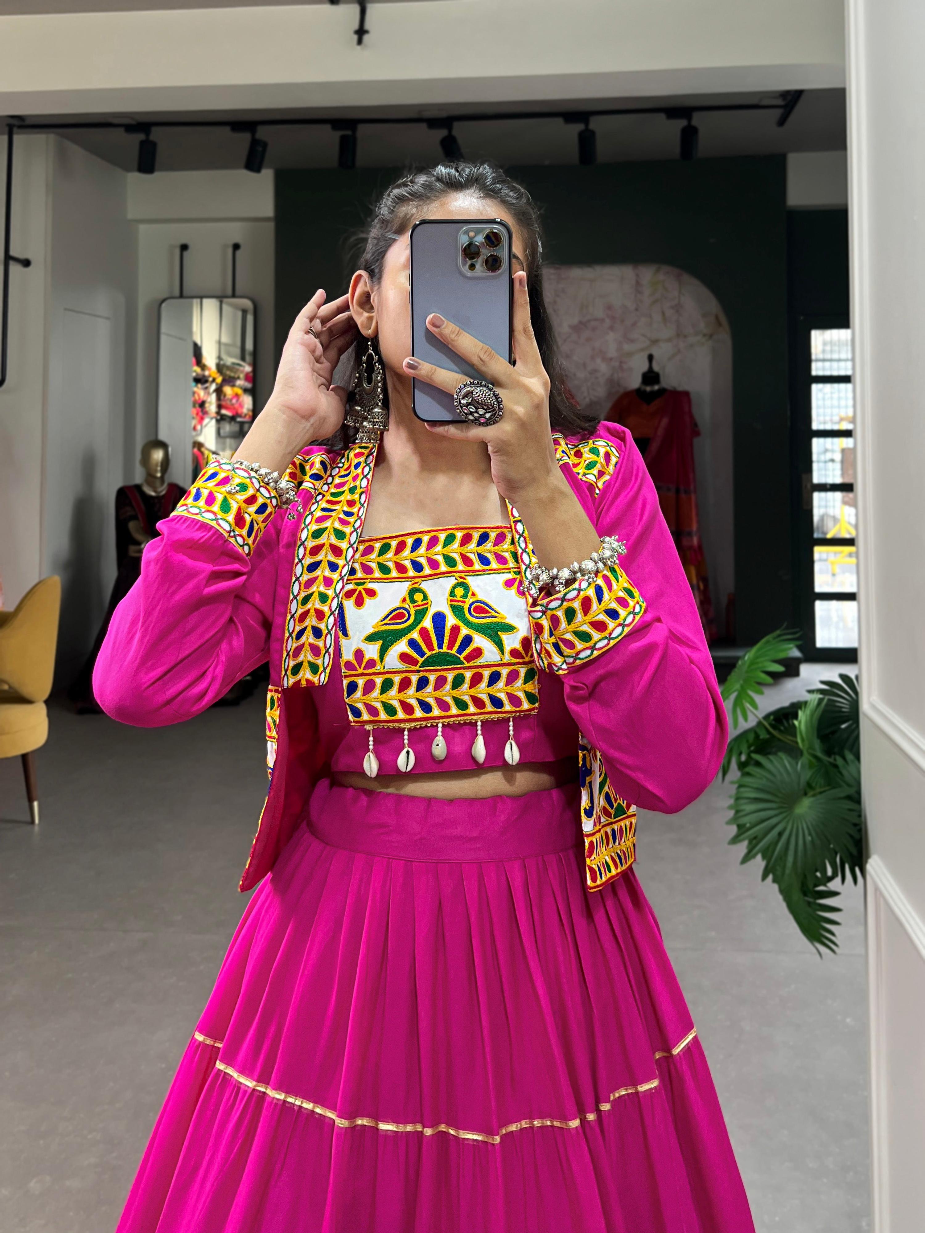 Pink Rayon Lehenga Choli Set with Gota Patti and Koti Jacket