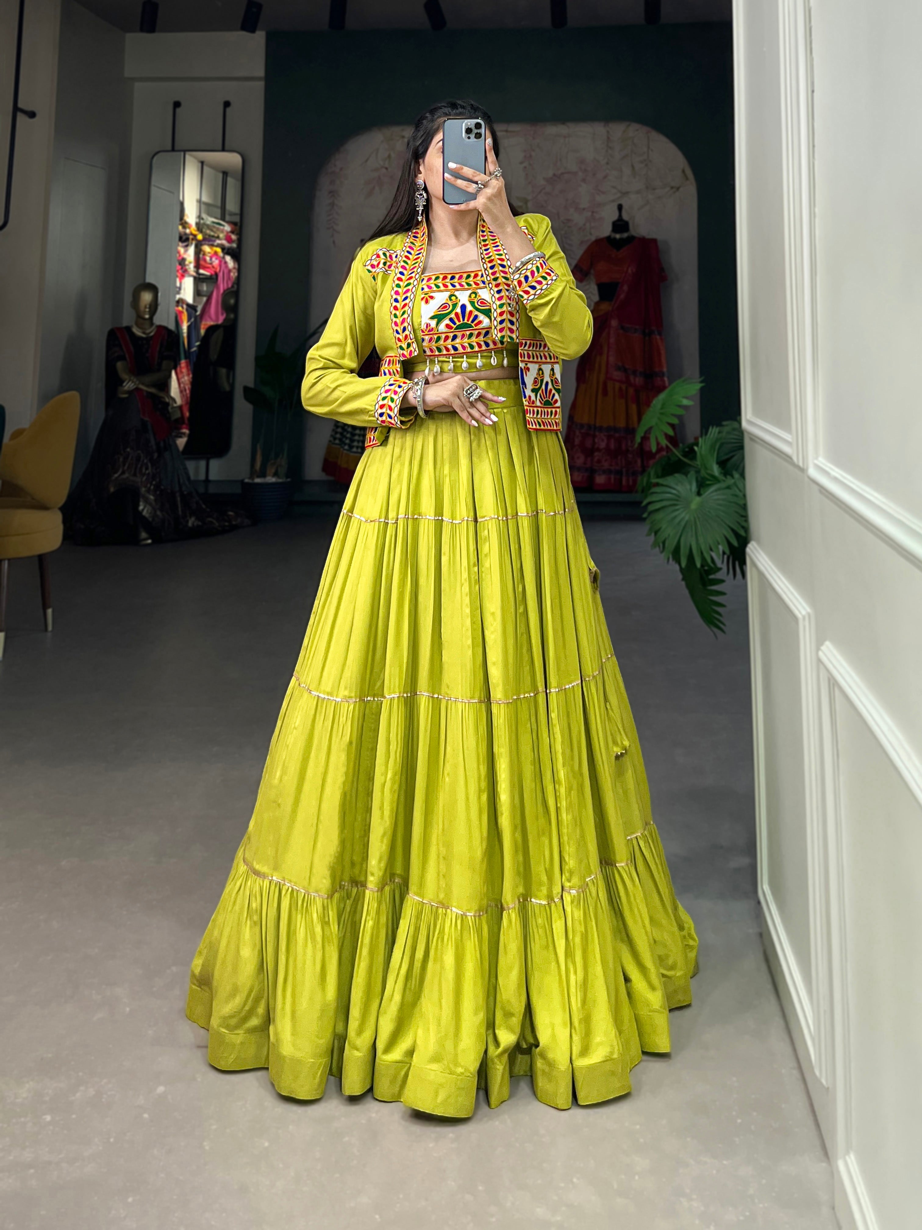 Parrot Green Pure Rayon Lehenga Choli with Koti for Navratri