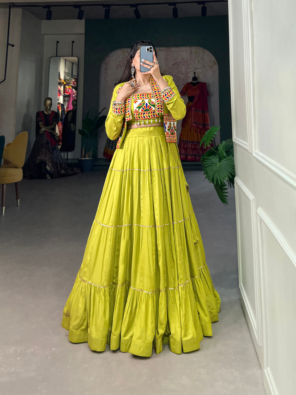 Parrot Green Pure Rayon Lehenga Choli with Koti for Navratri