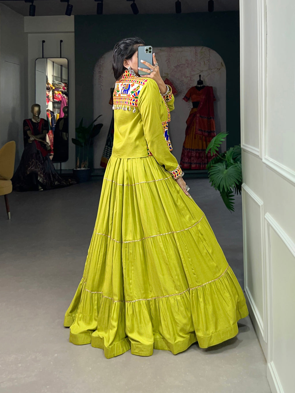Parrot Green Pure Rayon Lehenga Choli with Koti for Navratri