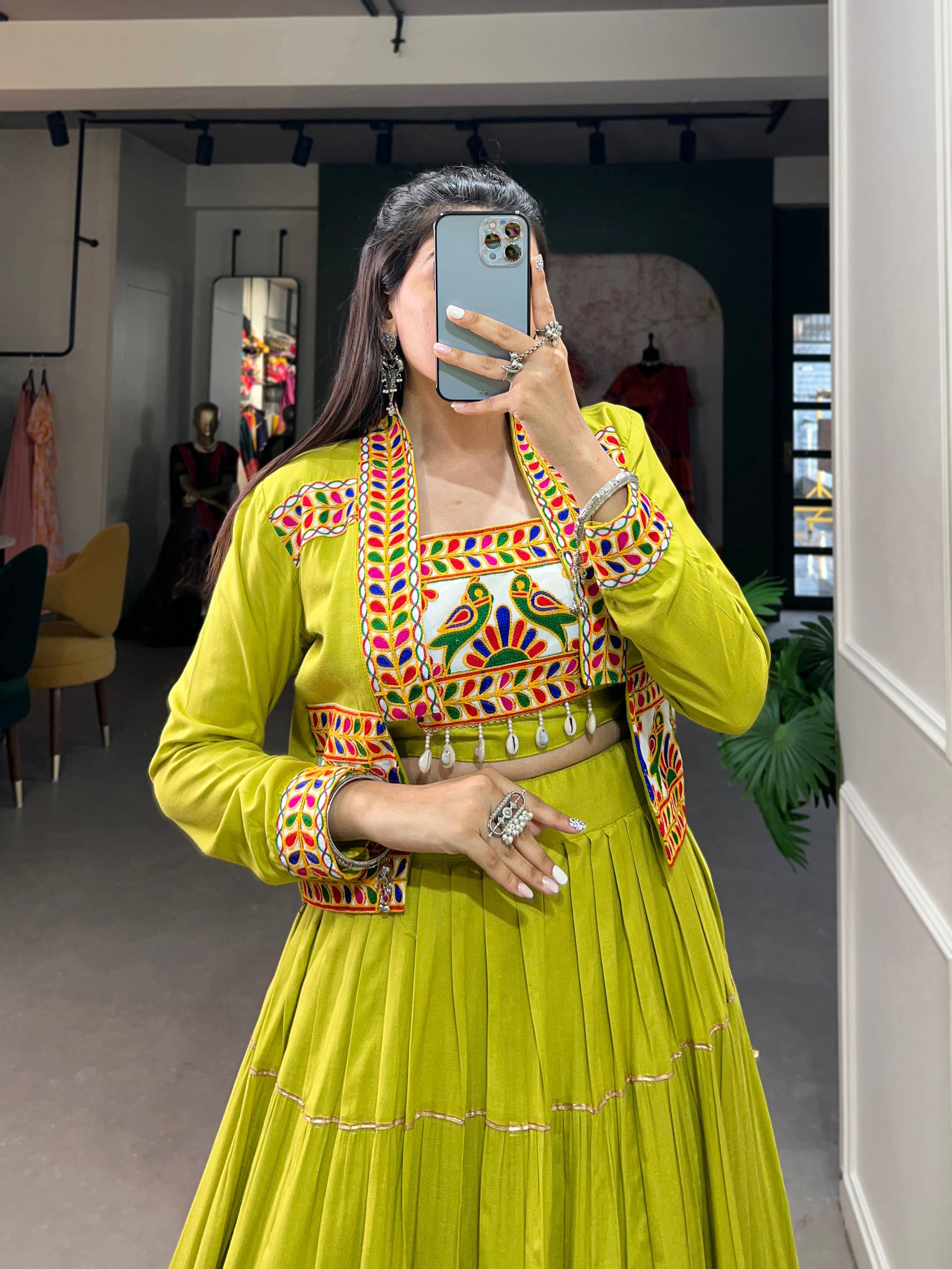 Parrot Green Pure Rayon Lehenga Choli with Koti for Navratri