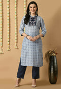 Blue maslin kurta set with cotton trousers