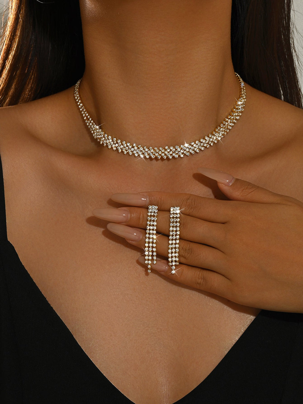 Women 2 Pcs Simple Rhinestone Jewelry Set,Choker Necklace And Earrings,Shiny Costume Accessories For Daily Party Occasion