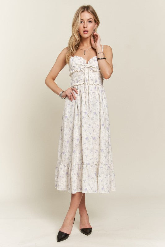 White and Purple Floral Smocked Flowy Cotton Dress
