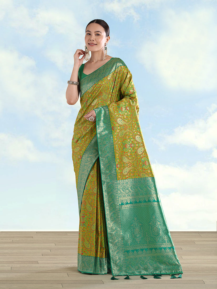 Lemon Green Banarasi Silk Saree with Traditional Paisley Weaves