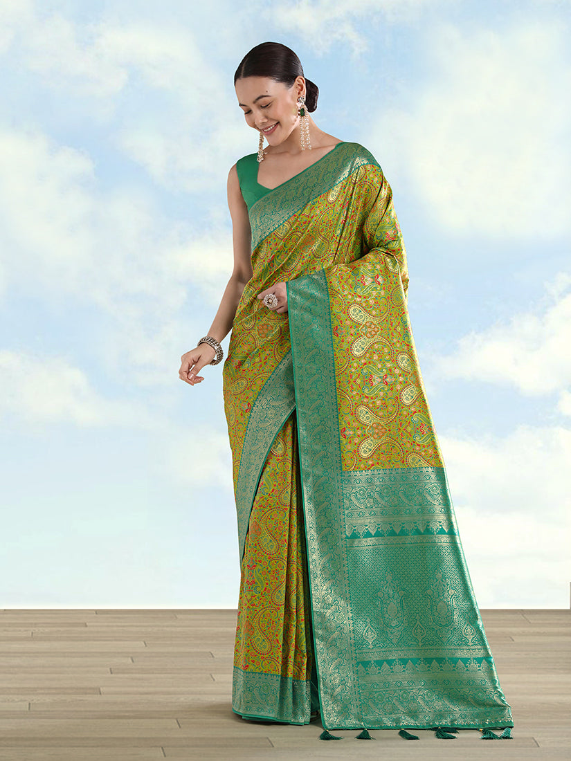 Lemon Green Banarasi silk saree with gold paisley zari weaves and traditional border detail.