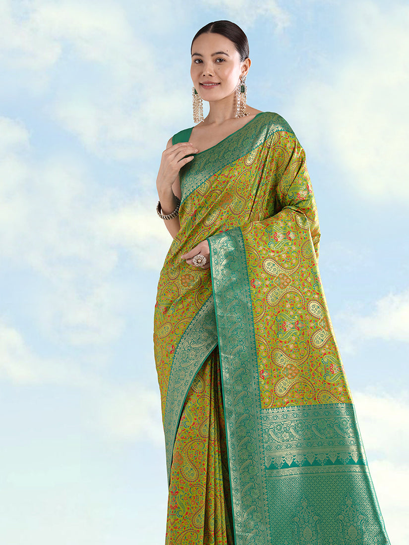 Lemon Green Banarasi Silk Saree with Traditional Paisley Weaves