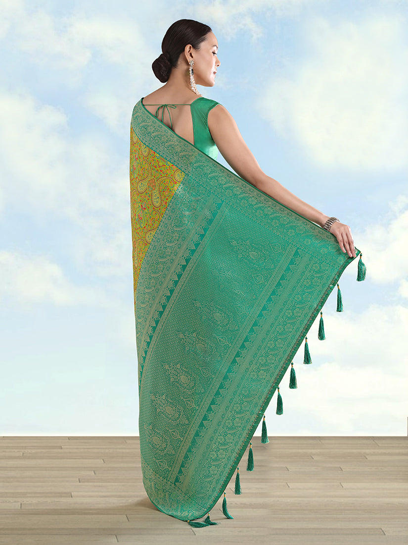 Lemon Green Banarasi Silk Saree with Traditional Paisley Weaves