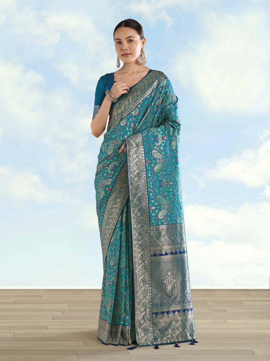 Turquoise Banarasi Silk Saree with Traditional Paisley Zari Weave