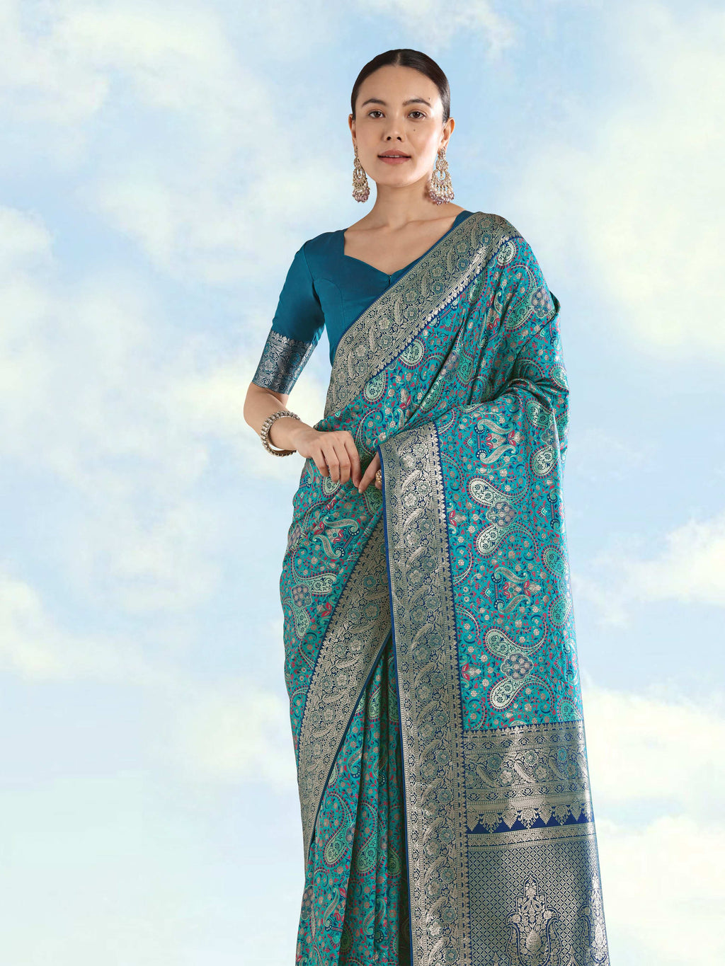 Turquoise Banarasi Silk Saree with Traditional Paisley Zari Weave