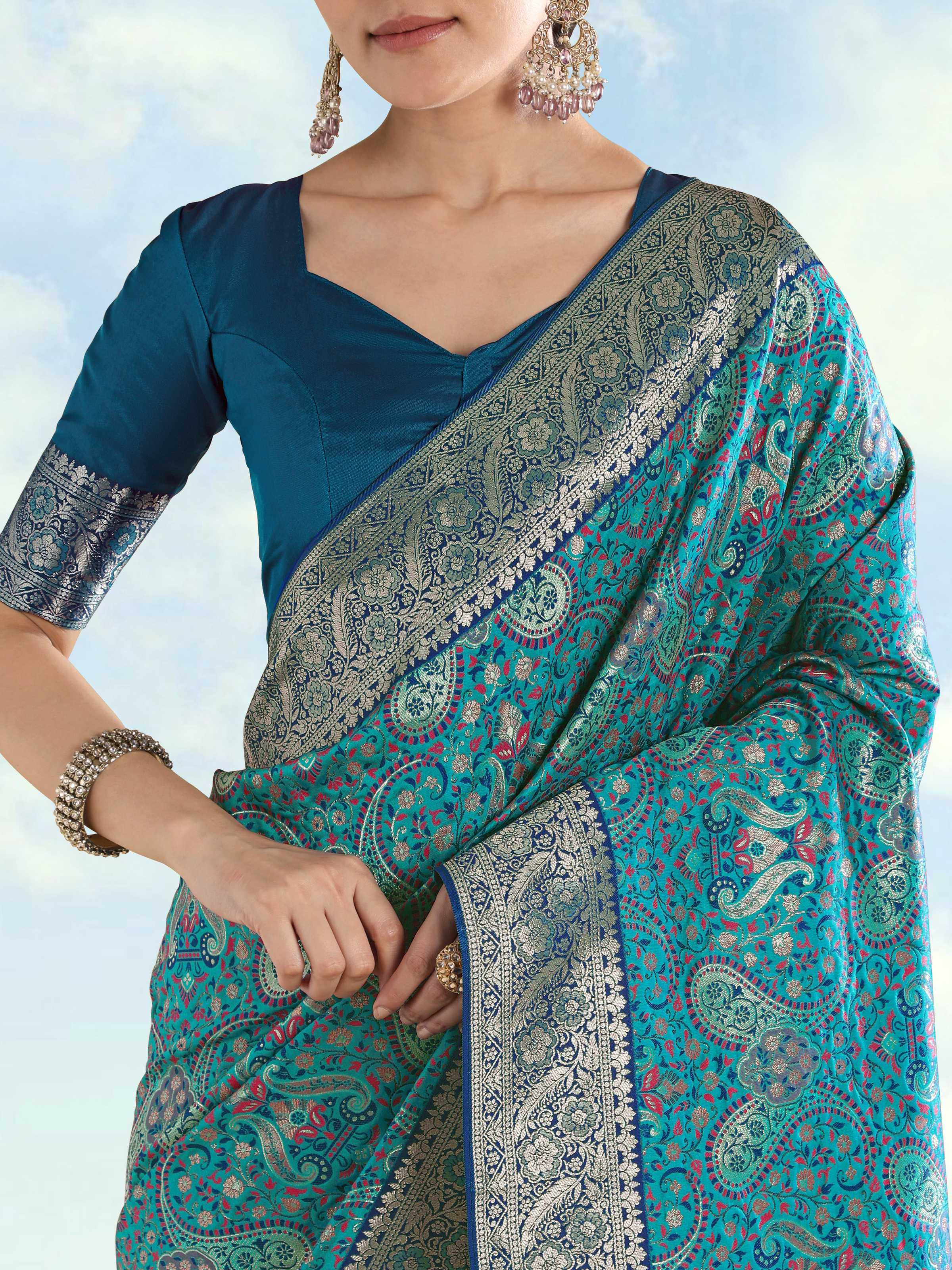 Turquoise Banarasi Silk Saree with Traditional Paisley Zari Weave