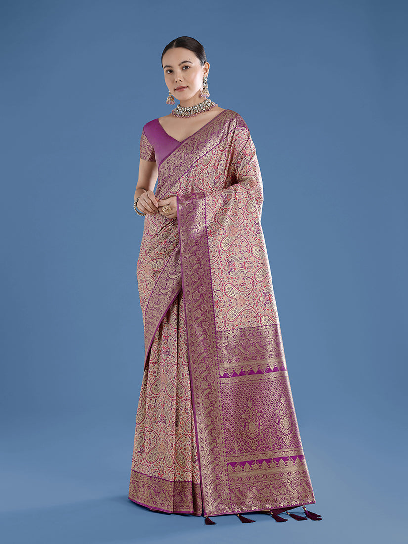 Elegant beige Banarasi silk saree with traditional gold Paisley Zari weave patterns