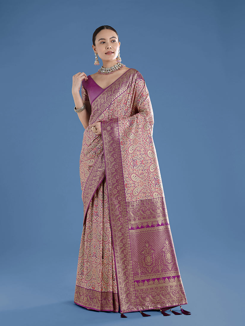 Beige Banarasi Silk Saree With Traditional Paisley Zari Weaves