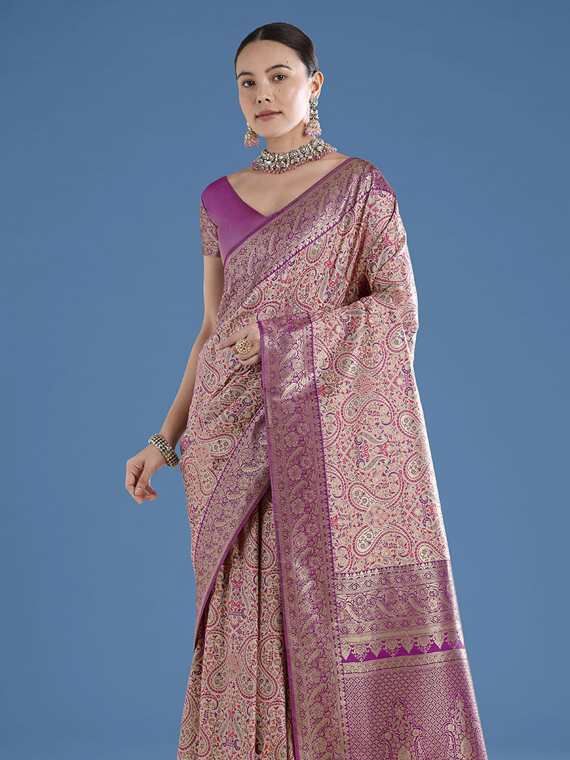 Beige Banarasi Silk Saree With Traditional Paisley Zari Weaves
