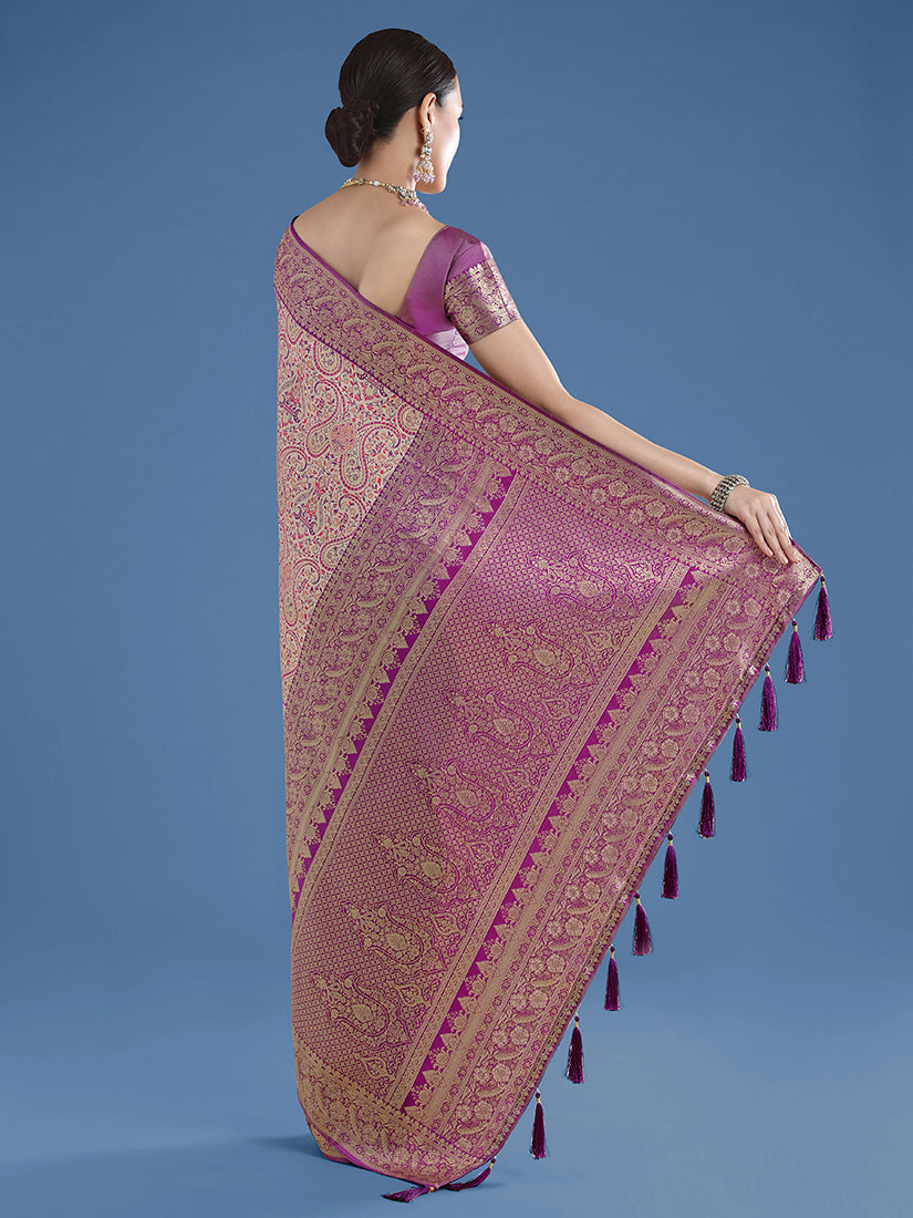 Beige Banarasi Silk Saree With Traditional Paisley Zari Weaves