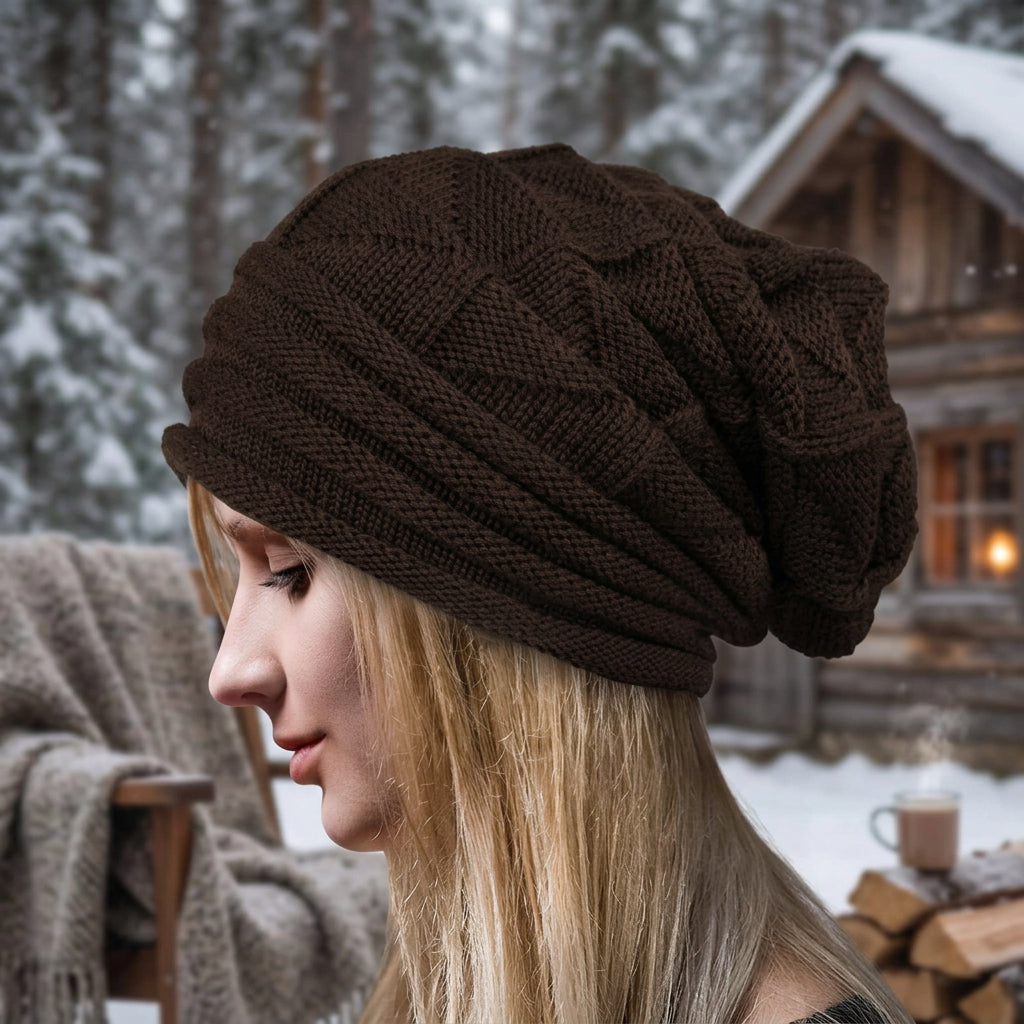 Wool Pleated Cuffed Knit Beanie – Flat Top Grid Pattern Winter Hat