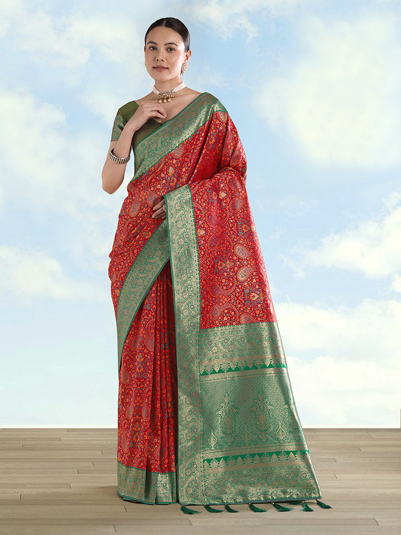 Red Banarasi Silk Saree with Traditional Paisley Weaves