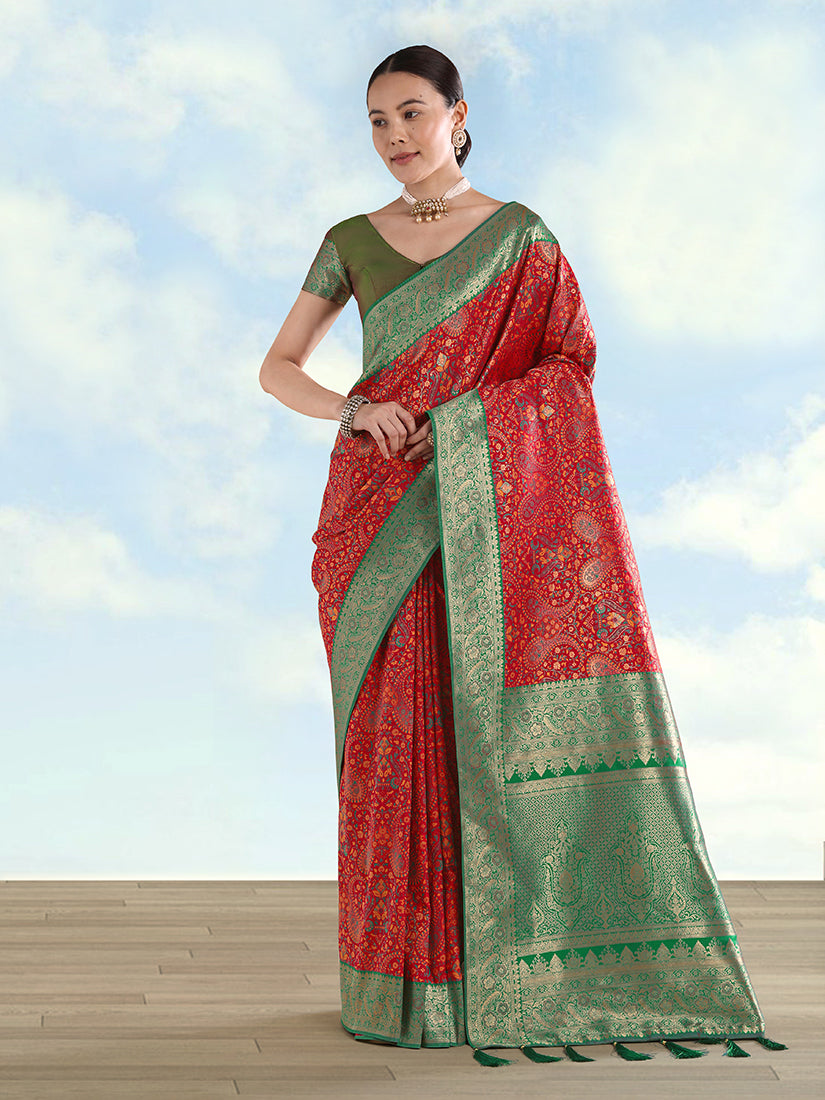 Red Banarasi soft silk saree with traditional gold paisley zari borders