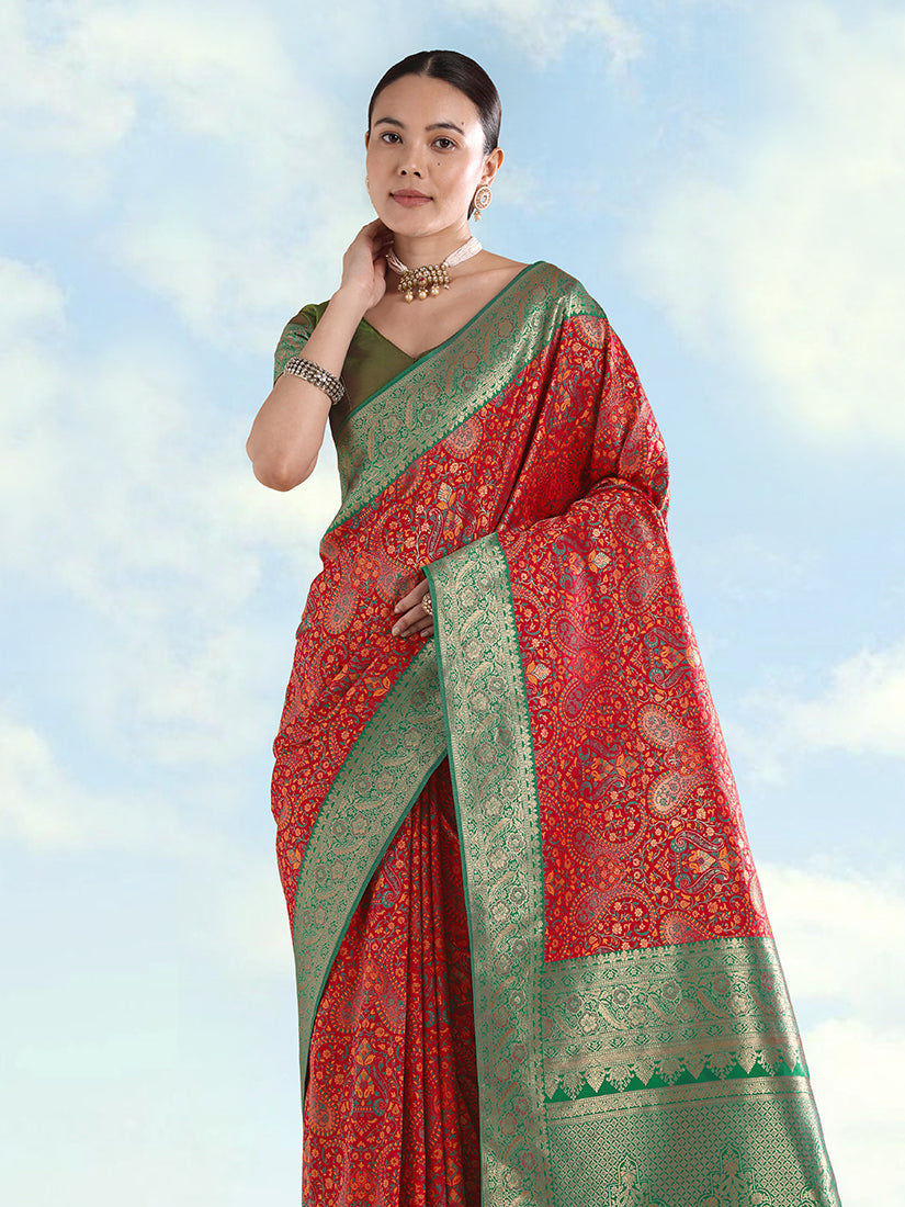 Red Banarasi Silk Saree with Traditional Paisley Weaves