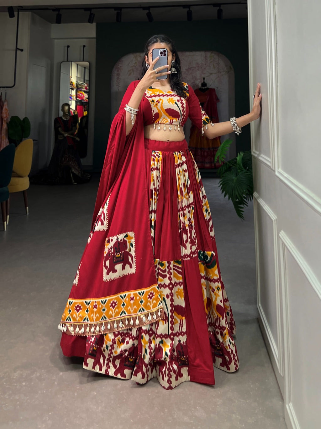 Maroon Rayon and Printed Silk Lehenga Choli with Dupatta