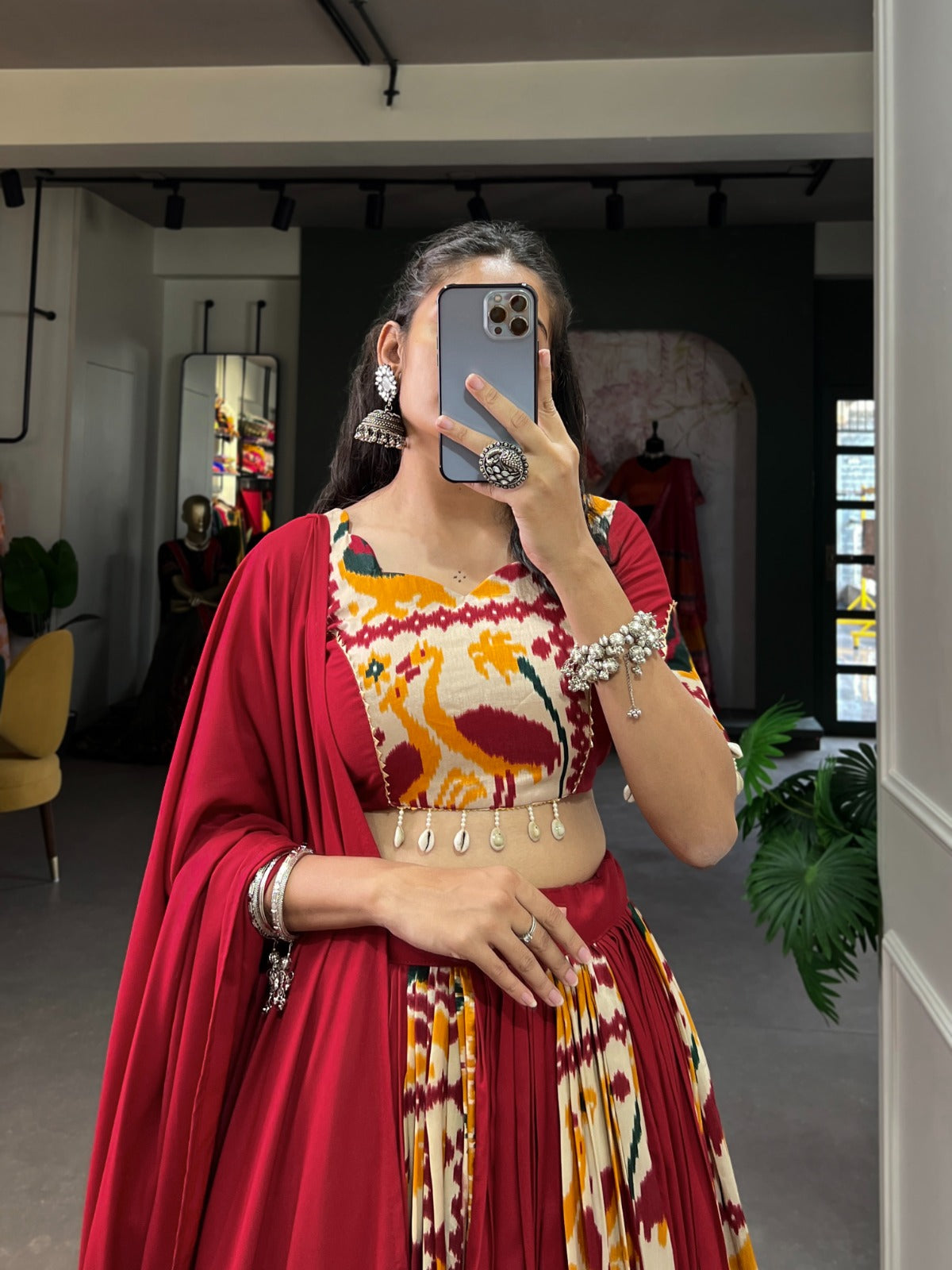 Maroon Rayon and Printed Silk Lehenga Choli with Dupatta