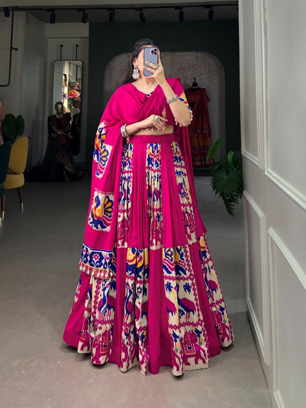Pink rayon and printed silk lehenga choli set with matching dupatta